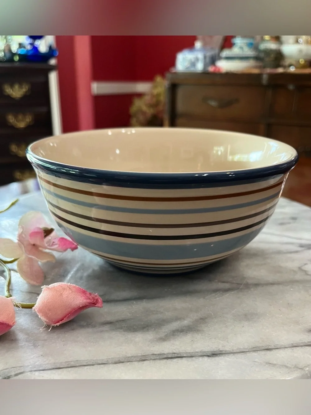 Vintage Longaberger Pottery Cabana Blue Stripe Round Serving Bowl Vitrified USA